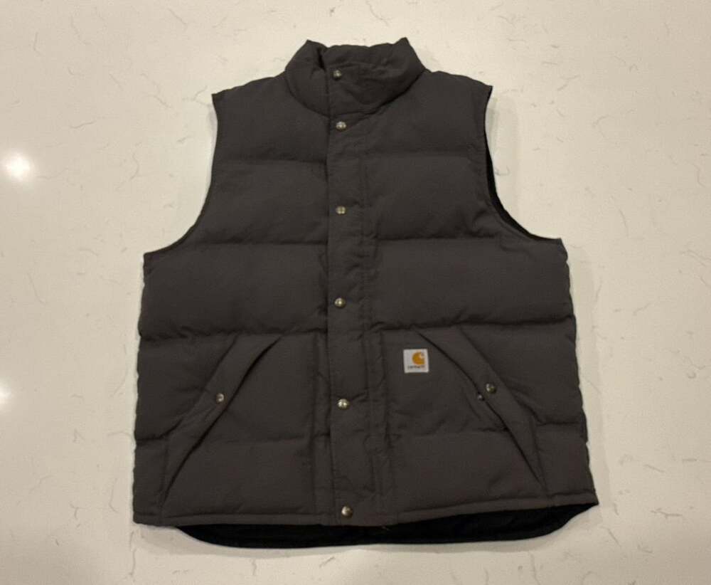 Carhartt Puffer Vest Size L Gray Down Insulated Snap Button Workwear